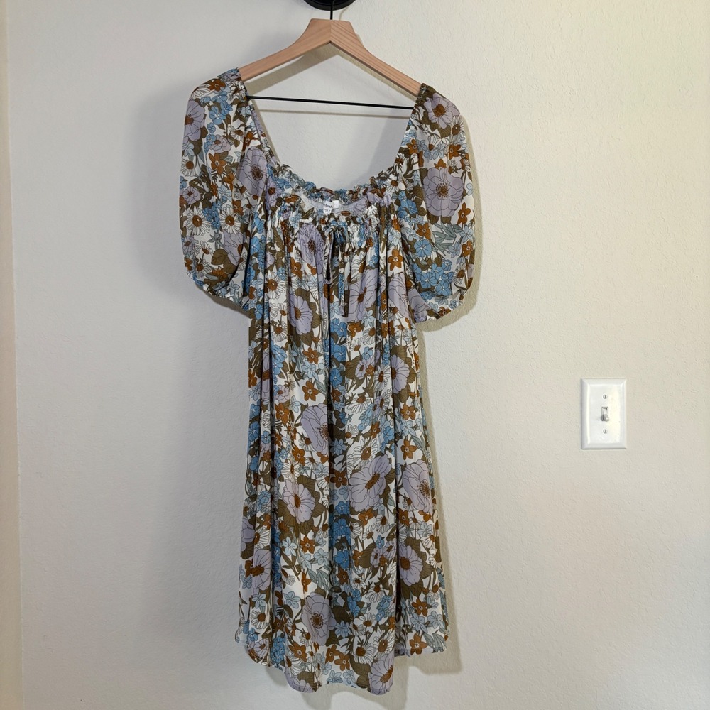 Mittoshop Dress Floral Smocked Large Blue Brown 70s Retro Boho